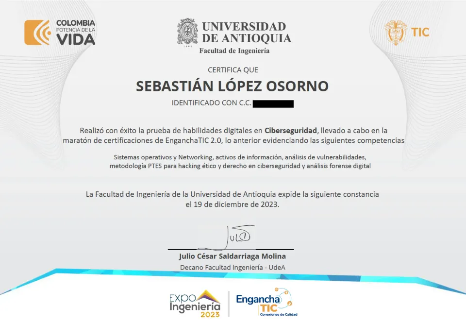 Certificate of “Ciberseguridad – Engancha TIC 2.0” issued by Universidad de Antioquia to Sebastián López Osorno
