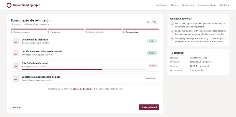 Recreation of the form's last step, with documents uploaded, one in progress and one pending, and what happens on submit, which is the application folder, the updated deal and the thank-you page.