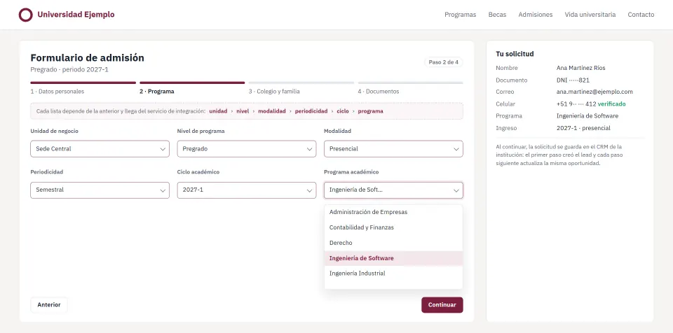 Recreation of the Program step of an admission form, with six cascading lists (unit, level, mode, schedule, term and program) and the summary of the application with the verified phone number.