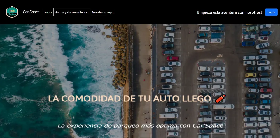 CarSpace's real home page, served locally, showing the menu, the sign-in button and the aerial photo of a parking lot by the sea.