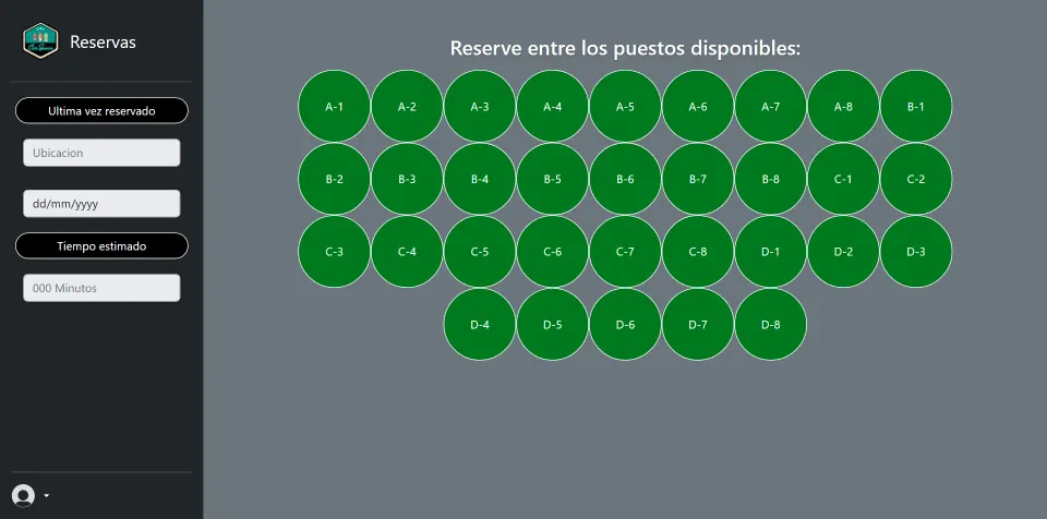 The real reservations screen, with the 32 spots from A-1 to D-8 and the location, date and estimated time on the left.