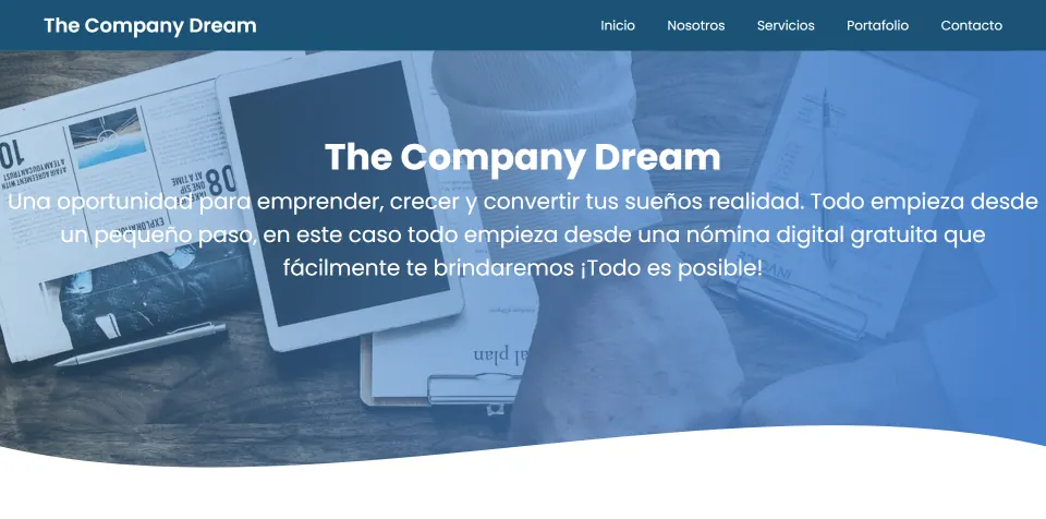 The Company Dream's real home page served locally with PHP, showing the menu and the promise of a free digital payroll to start a business.