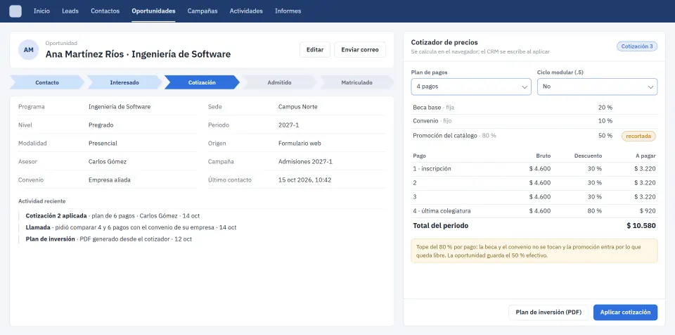 Recreation of the price quoter inside a CRM deal, with payment plan, scholarship, partner discount and a promotion cut by the 80% cap, the breakdown of each payment and the buttons for the PDF and for applying the quote.
