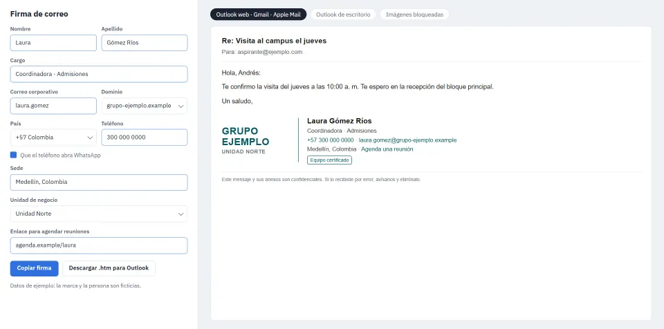 Recreation of the signature generator with a fictional brand and person, with the form on the left and the signature inside an email, the text logo, the contact details and the badge.