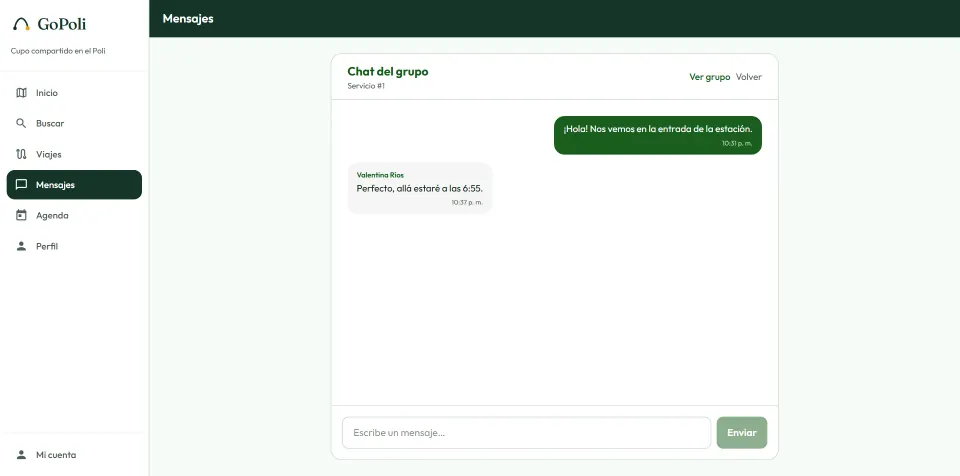 The group chat in the browser, with the driver's message about the meeting point and the passenger's reply