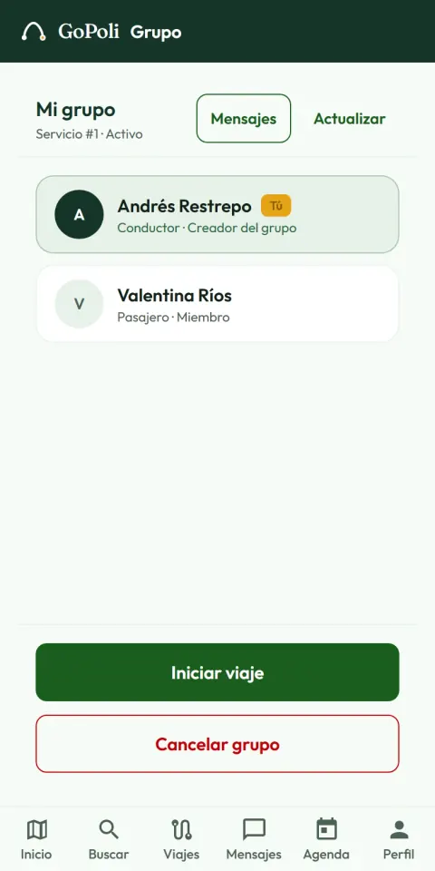 A trip group on a phone, with the driver who created it, one passenger and the buttons to start the trip or cancel the group