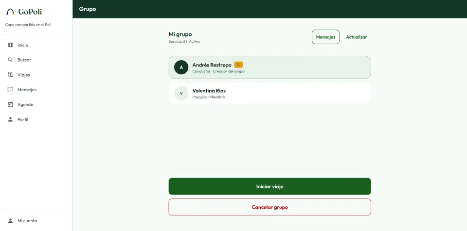 A trip group in the browser, with the driver who created it, one passenger and the buttons to start the trip or cancel the group