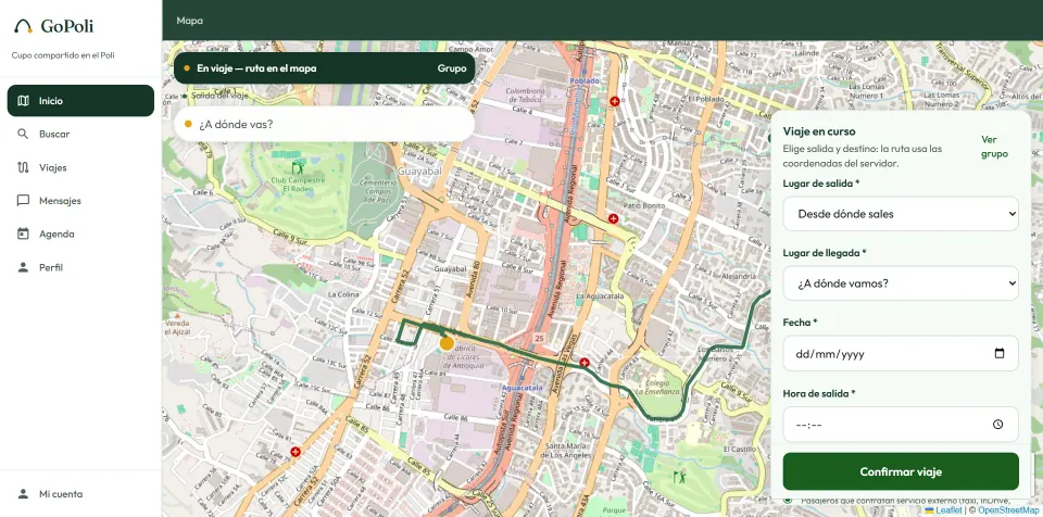 GoPoli in the browser during a trip, with the route drawn over the map of Medellín and the trip in progress panel beside the side menu