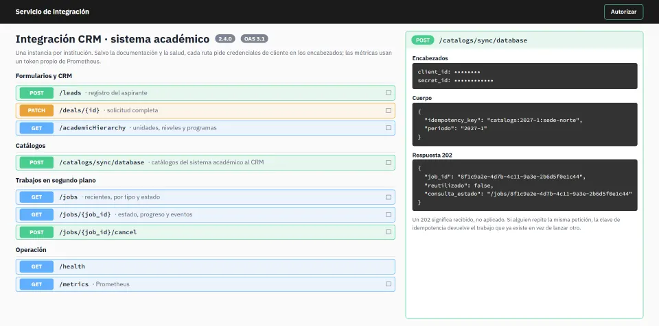 Recreation of an integration service's OpenAPI documentation, with the form and CRM routes, the academic offer, the catalogs and the background jobs, and an example 202 response with its idempotency key.