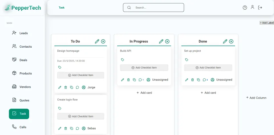 PepperCRM's real frontend with its repository's sample data, showing the task board with To Do, In Progress and Done columns, and the menu of leads, contacts, deals, products, vendors and quotes.
