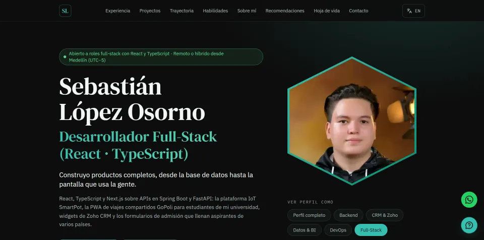 This portfolio's real home page in the full-stack view, with availability, name, role, summary and the profile switcher.