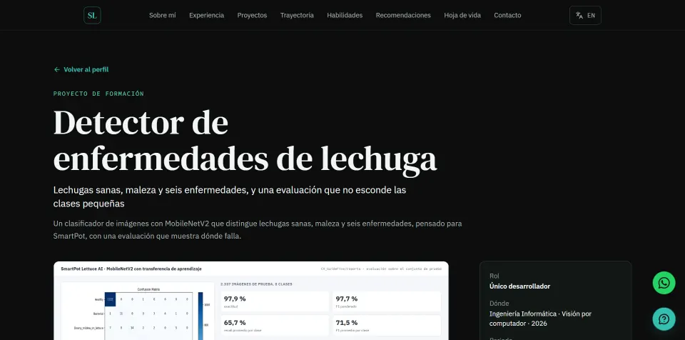 A real project page of this portfolio, the lettuce disease detector's, with its metrics board, its facts and its figures.