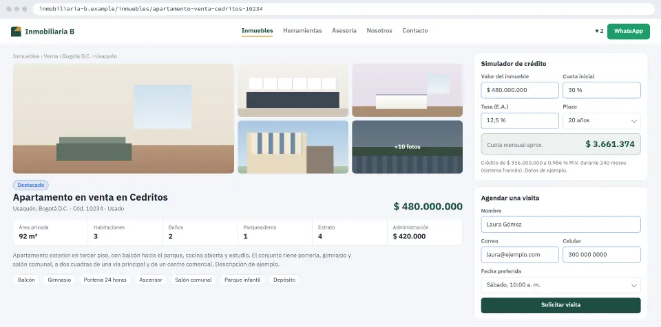 Recreation of a fictional property's page with its gallery, its facts, the loan calculator and the form to book a visit.