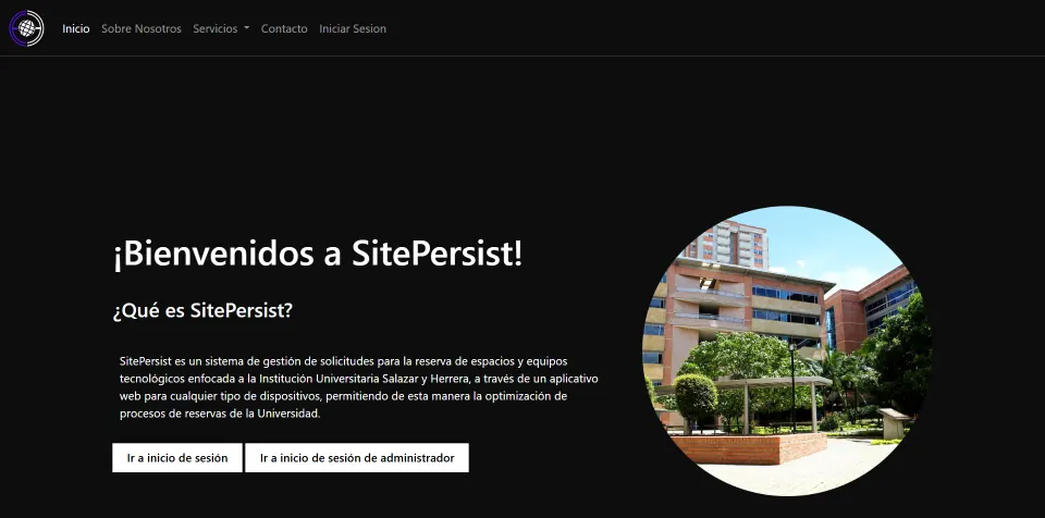 SitePersist's real home page served locally with PHP, with the buttons to sign in as a user or an administrator.