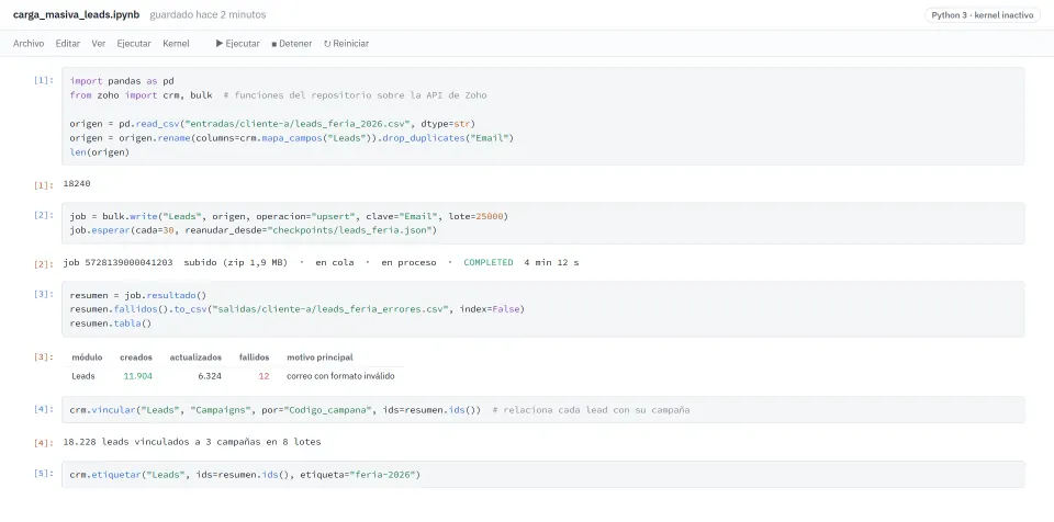 Recreation of a Jupyter notebook that bulk-loads leads. It cleans a CSV, creates the Bulk Write API job, waits with a resume point, sums up created, updated and failed records, and links and tags them.
